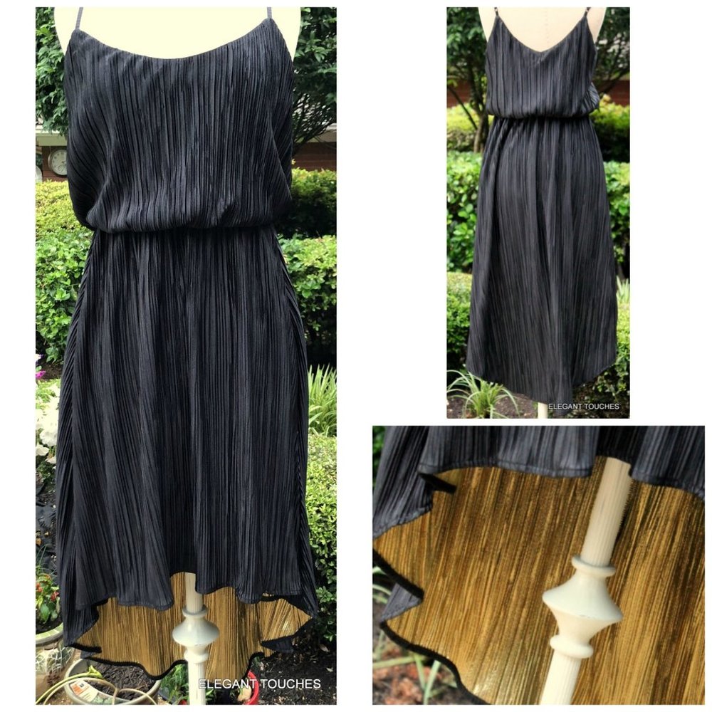 Rules of Etiquette Black & Metallic Gold Crinkle Look Hi-Low Cami Dress SMALL